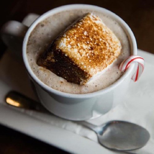 A cup of hot chocolate topped with a toasted marshmallow and a candy cane, resting on a white plate with a spoon.