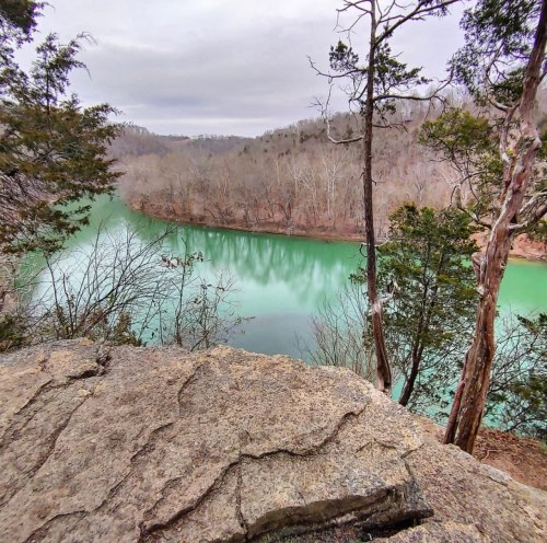 A scenic view of a turquoise river surrounded by bare trees and rocky terrain under a cloudy sky.