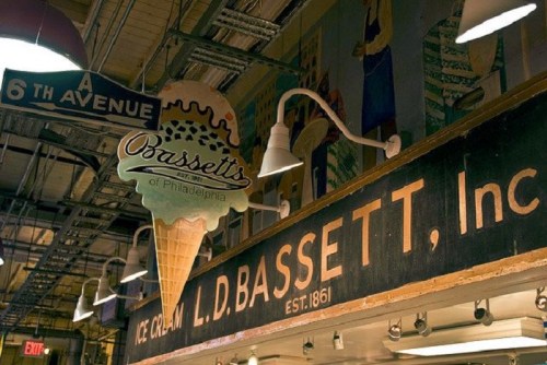 Sign for Bassett's Ice Cream, featuring a large ice cream cone graphic, located in a market setting.