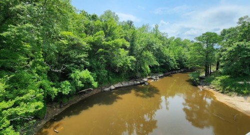 A serene river winding through lush green trees under a clear blue sky.