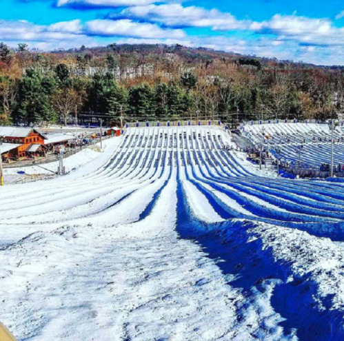 A snowy landscape with rows of snow-covered hills, surrounded by trees and a clear blue sky.