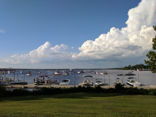 A scenic view of a lake with several boats and a backdrop of fluffy clouds and green grass.