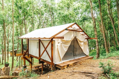 A cozy tent cabin nestled in a forest, featuring a wooden deck and large front opening, surrounded by trees.