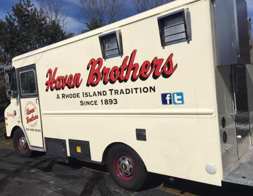 A food truck with "Haven Brothers" written on the side, promoting a Rhode Island tradition since 1893.