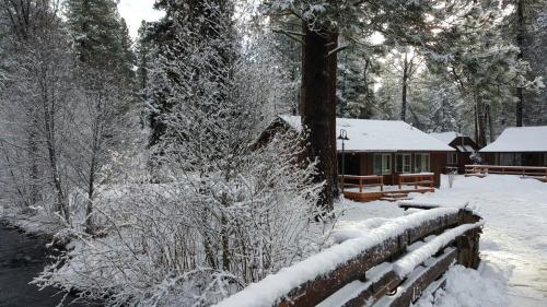 A snowy landscape featuring a wooden bridge, cabins, and tall trees, creating a serene winter scene.