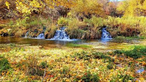 A serene stream flows through a landscape of autumn leaves and vibrant foliage, with gentle waterfalls in the background.