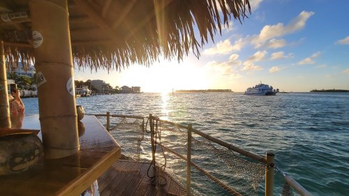 A sunset view over water from a wooden dock, with a boat in the distance and palm fronds overhead.