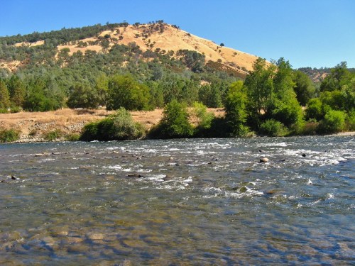 A clear river flows in the foreground, with a hillside of trees and dry grass in the background under a blue sky.
