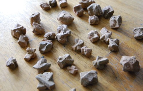A collection of small, irregularly shaped stones scattered on a wooden surface.