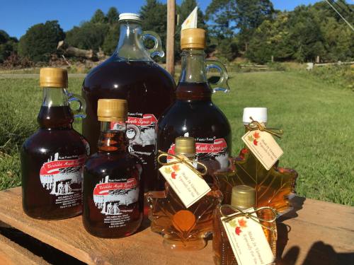 Bottles of maple syrup in various sizes displayed outdoors against a green landscape.