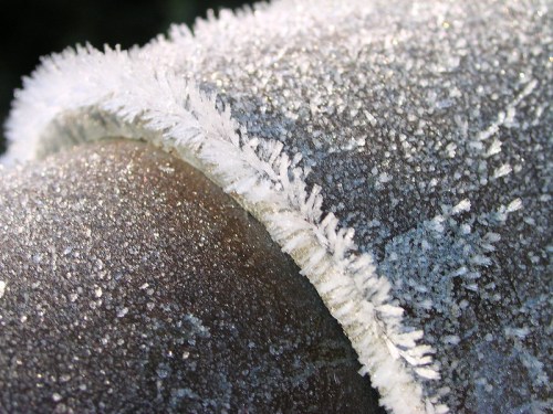 Close-up of a frosted surface with delicate ice crystals forming along the edge, glistening in natural light.