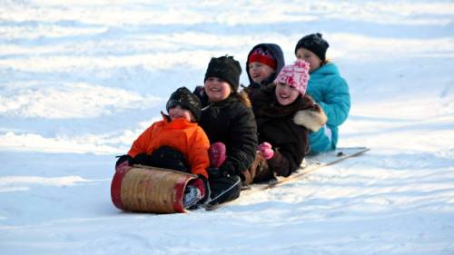A group of children joyfully sledding down a snowy hill, bundled up in winter coats and hats.