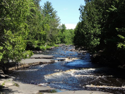 A serene river flows through a lush green landscape, surrounded by trees and rocky banks under a clear blue sky.