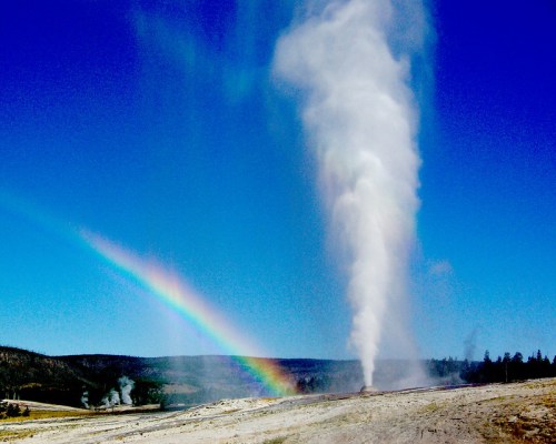 A geyser erupts against a clear blue sky, with a rainbow arching in the background over a scenic landscape.