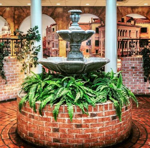 A decorative indoor fountain surrounded by lush ferns and a brick planter, with a mural of Venice in the background.