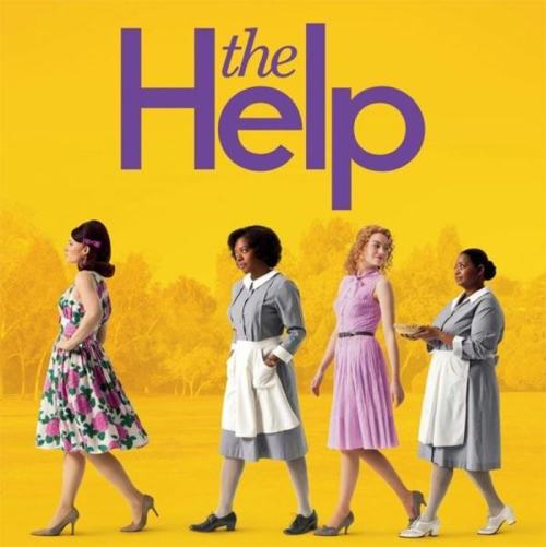 Four women in 1960s attire walk side by side against a bright yellow background, with "The Help" title above them.