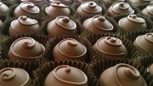 A close-up of beautifully crafted chocolate truffles arranged in rows, each with a decorative swirl on top.