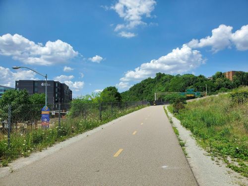 A paved path lined with grass and wildflowers, leading towards a green hill under a blue sky with fluffy clouds.