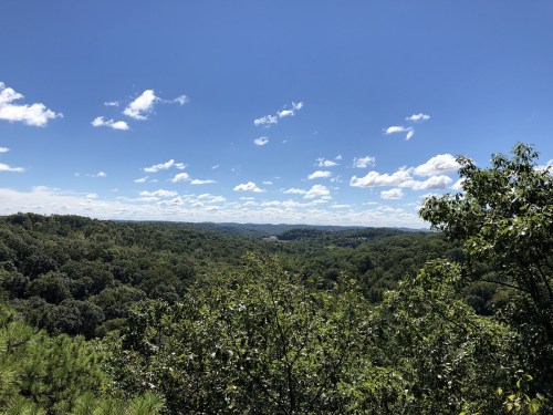 A panoramic view of lush green hills under a bright blue sky with scattered clouds.