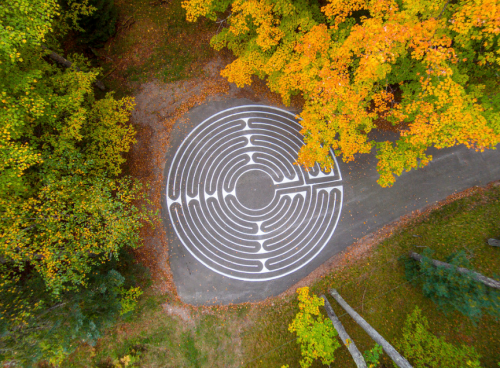 Aerial view of a circular maze on a path, surrounded by vibrant autumn foliage.