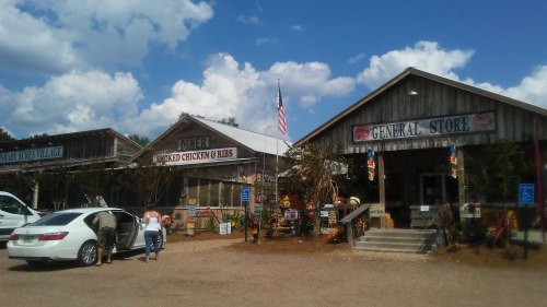 A rustic general store and deli with a sign for smoked chicken and ribs, surrounded by trees and a blue sky.