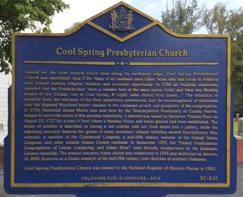 Sign about Cool Spring Presbyterian Church, detailing its history and significance in Delaware since 1728.