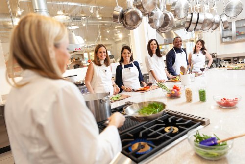 A group of five people in white aprons smiles in a modern kitchen while a chef cooks at the stove.