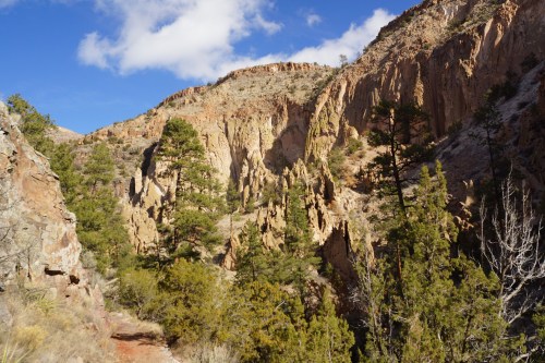 A rocky canyon landscape with tall cliffs, scattered trees, and a blue sky with clouds.