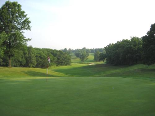 A serene golf course view with a flag on the green, surrounded by lush trees and rolling hills in the background.