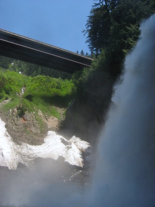 A waterfall cascades down rocky cliffs, with a highway bridge visible above, surrounded by lush greenery.