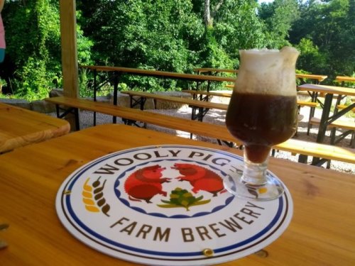 A frothy beer in a glass sits on a wooden table with a sign for Wooly Pig Farm Brewery in the background.