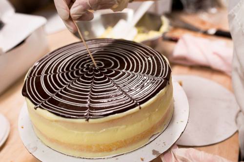 A person decorates a layered cake with a chocolate web design using a toothpick.