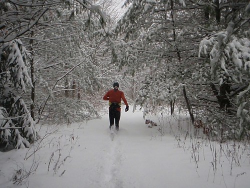 A person in an orange jacket runs through a snowy forest trail surrounded by trees covered in snow.