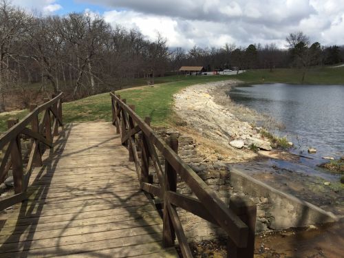A wooden bridge leads to a calm lake surrounded by trees and a grassy area under a cloudy sky.