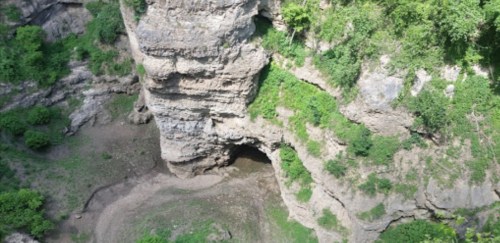Aerial view of a rocky cliff with lush greenery and a cave entrance at the base, surrounded by a dry landscape.