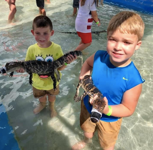 Two children in a shallow pool holding small alligators, smiling and enjoying their experience.