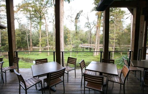 A wooden deck with empty tables and chairs overlooks a lush green landscape and trees.