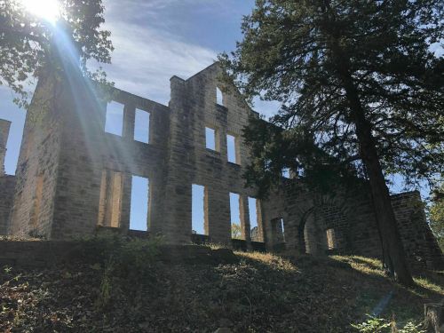 Ruins of a stone building surrounded by trees, with sunlight streaming through open windows against a clear blue sky.