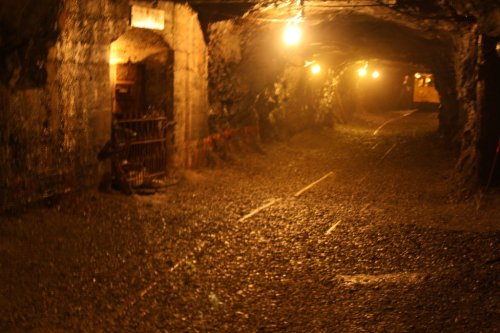 Dimly lit underground mine tunnel with rocky walls and a gravel floor, featuring a barred entrance in the background.