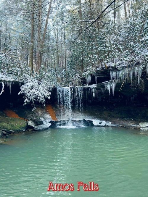 A serene winter scene at Amos Falls, featuring a waterfall surrounded by snow-covered trees and icicles.
