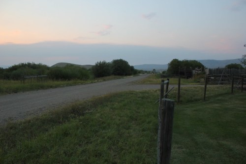 A quiet dirt road stretches into the distance, flanked by greenery and hills under a soft evening sky.