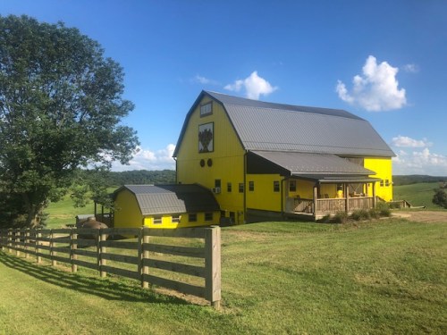 A bright yellow barn with a gray roof, surrounded by green fields and a wooden fence under a blue sky with clouds.