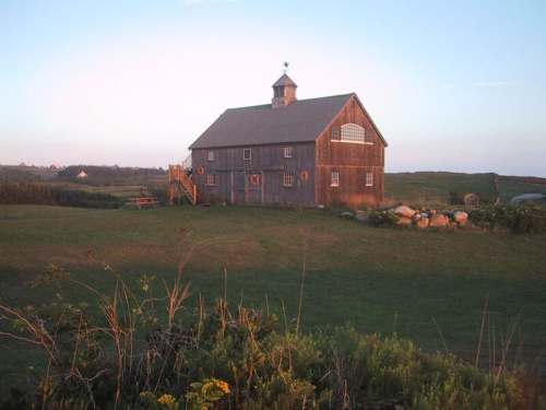 A rustic wooden barn sits in a grassy field, surrounded by trees and rocks, under a soft sunset sky.
