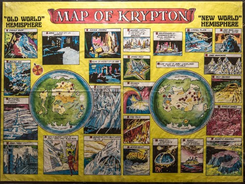 Colorful map of Krypton, featuring "Old World" and "New World" hemispheres with illustrations and descriptions of locations.
