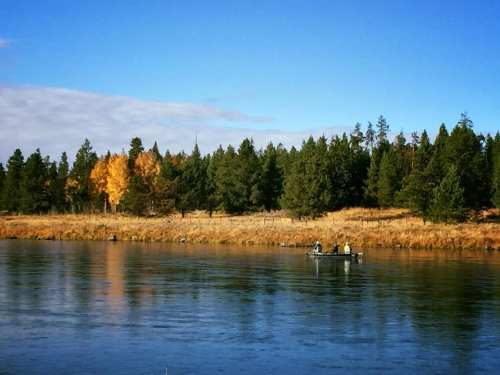 Two people in a small boat on a calm river, surrounded by trees and autumn foliage under a clear blue sky.
