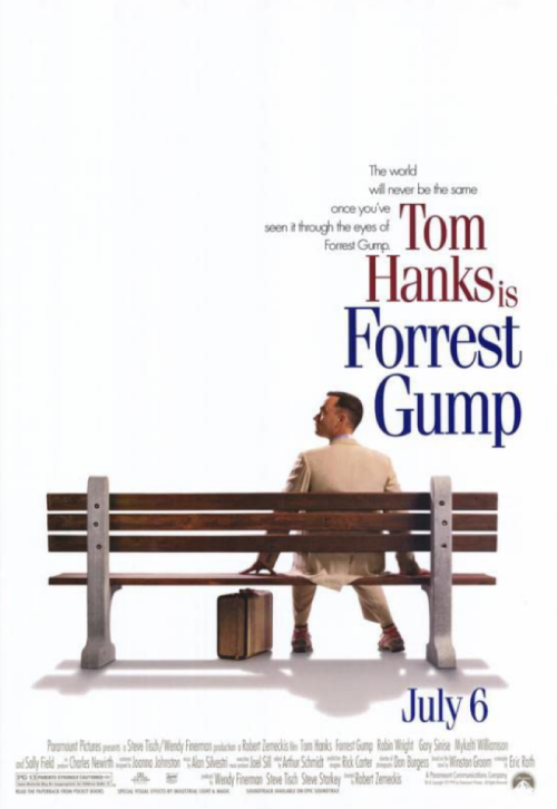 Movie poster for "Forrest Gump," featuring Tom Hanks sitting on a bench with a suitcase, release date July 6.