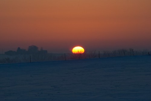 A serene winter sunset with a glowing sun rising above a snowy landscape and distant trees silhouetted against the sky.