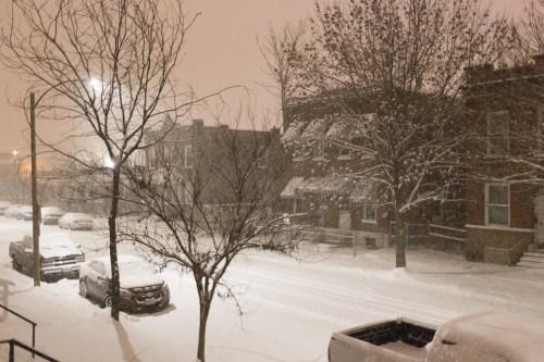 A snowy street scene at night, with heavy snowfall obscuring parked cars and trees lining the road.