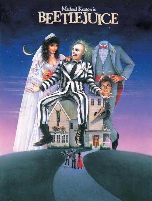 A whimsical movie poster for "Beetlejuice," featuring a ghostly figure in stripes, a bride, and a haunted house.