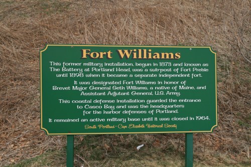 Sign about Fort Williams, detailing its history as a military installation and its connection to the U.S. Army.